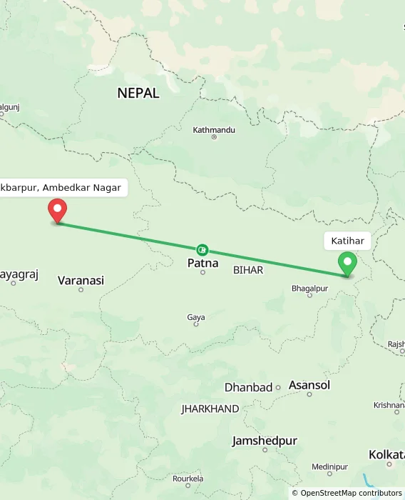 Route map showing distance and travel time from Katihar, India to Akbarpur, Ambedkar Nagar, India