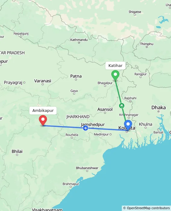 Route map showing distance and travel time from Katihar, India to Ambikapur, India