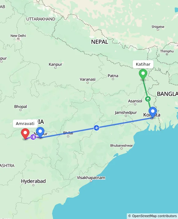 Route map showing distance and travel time from Katihar, India to Amravati, India