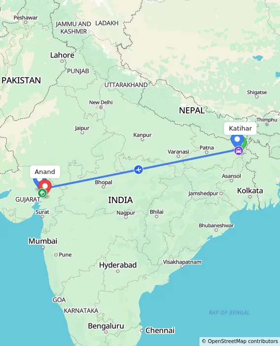 Route map showing distance and travel time from Katihar, India to Anand, India
