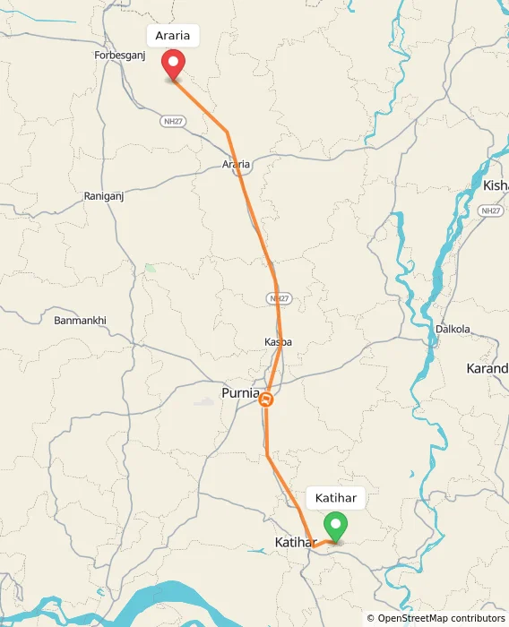 Route map showing distance and travel time from Katihar, India to Araria, India