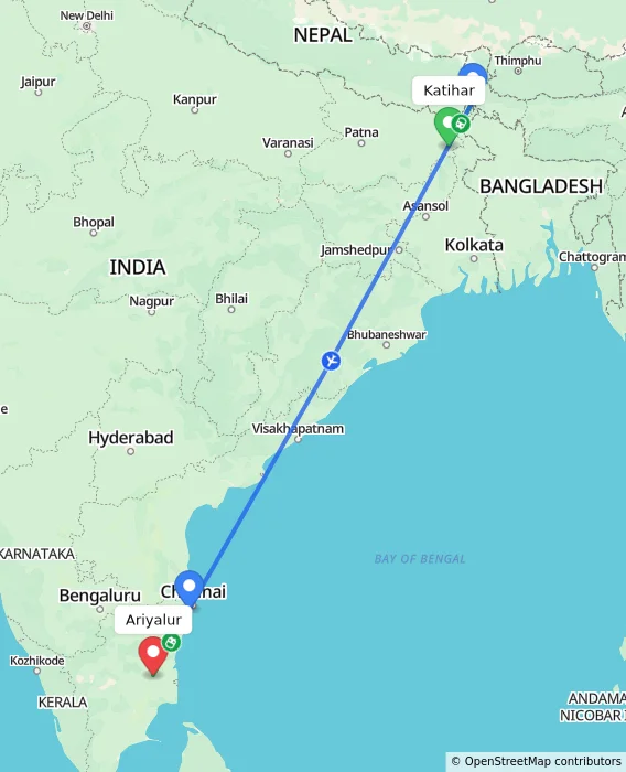Route map showing distance and travel time from Katihar, India to Ariyalur, India