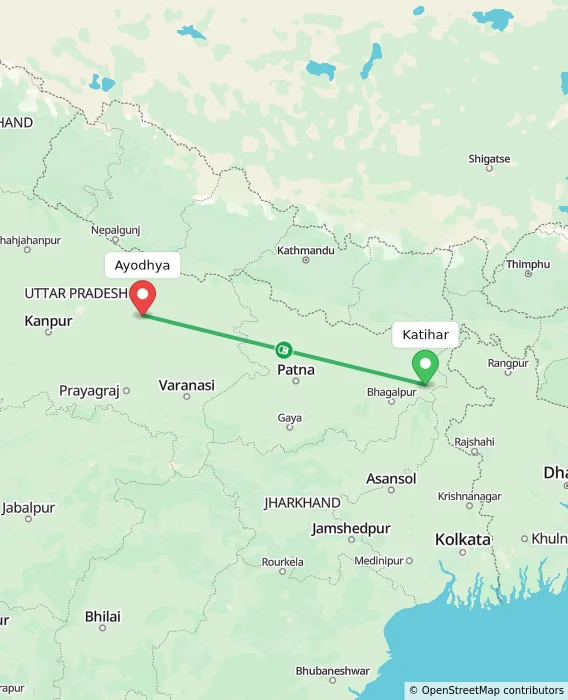 Route map showing distance and travel time from Katihar, India to Ayodhya, India