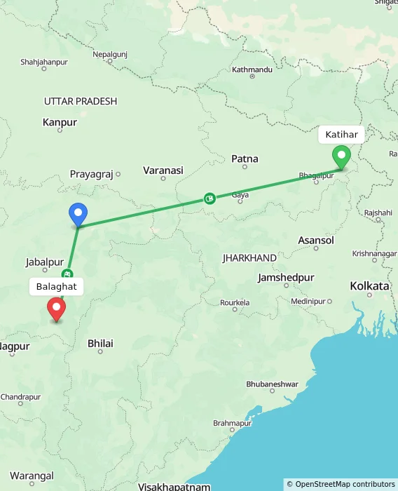 Route map showing distance and travel time from Katihar, India to Balaghat, India