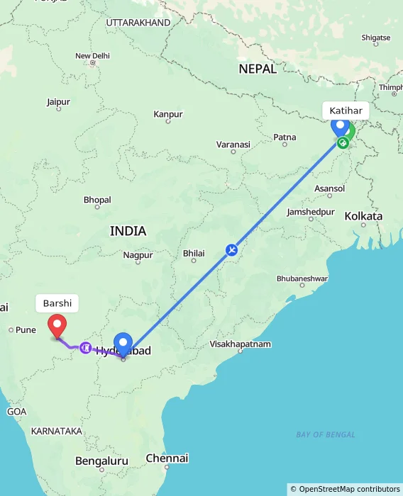 Route map showing distance and travel time from Katihar, India to Barshi, India