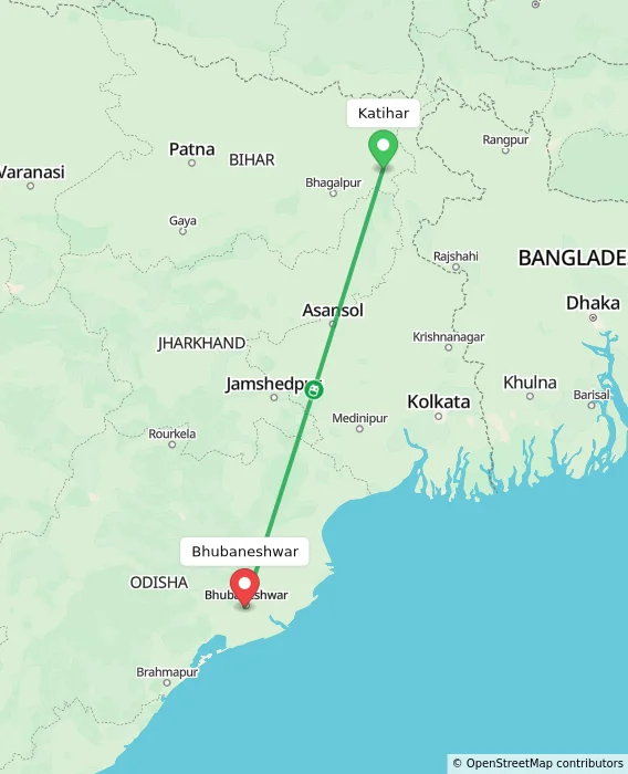 Route map showing distance and travel time from Katihar, India to Bhubaneshwar, India
