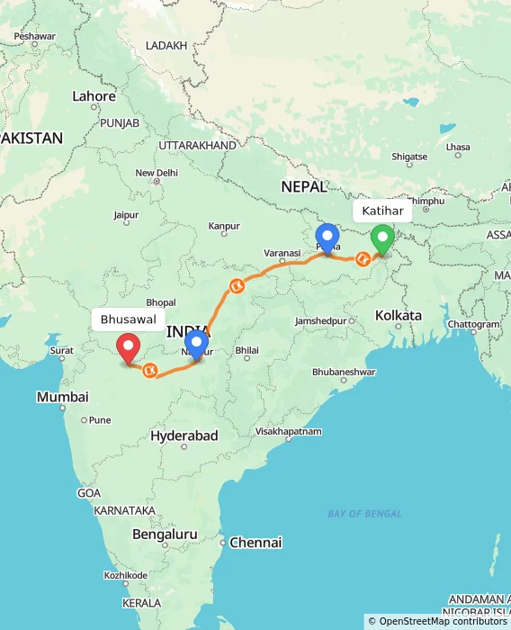 Route map showing distance and travel time from Katihar, India to Bhusawal, India