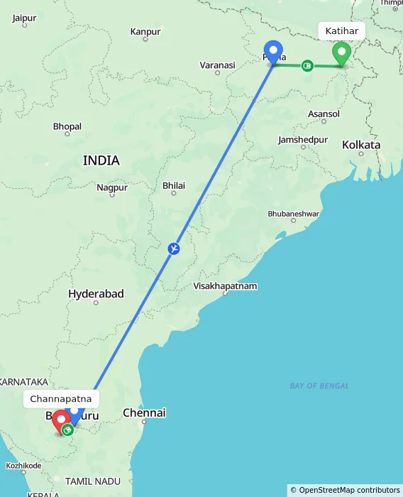 Route map showing distance and travel time from Katihar, India to Channapatna, India