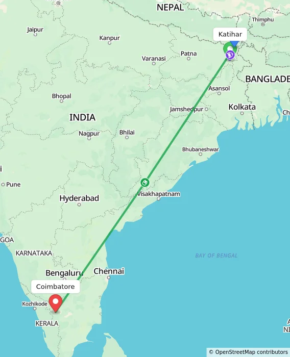 Route map showing distance and travel time from Katihar, India to Coimbatore, India