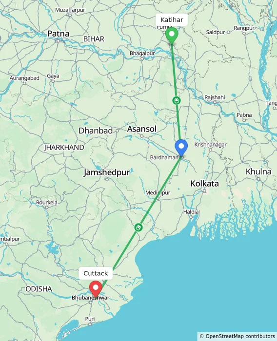 Route map showing distance and travel time from Katihar, India to Cuttack, India