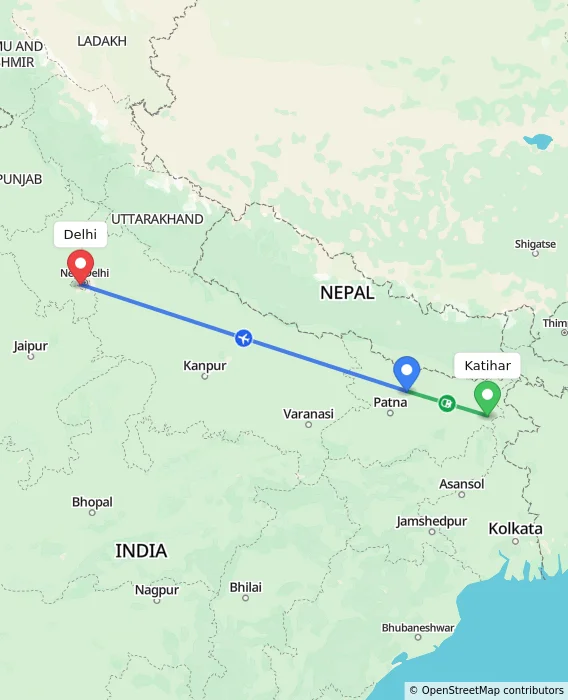 Route map showing distance and travel time from Katihar, India to Delhi, India
