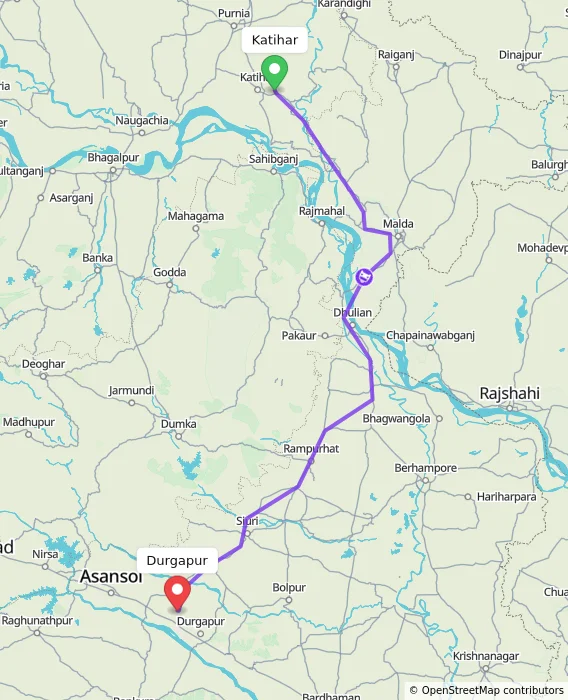 Route map showing distance and travel time from Katihar, India to Durgapur, India
