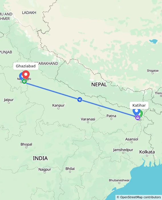 Route map showing distance and travel time from Katihar, India to Ghaziabad, India