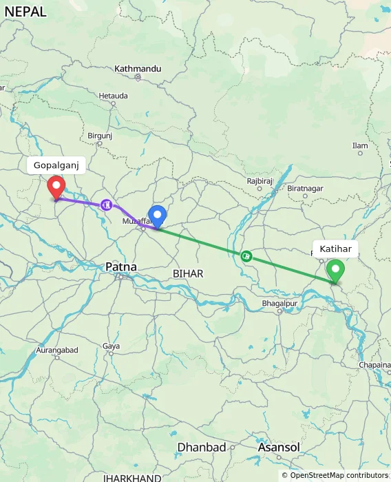 Route map showing distance and travel time from Katihar, India to Gopalganj, India