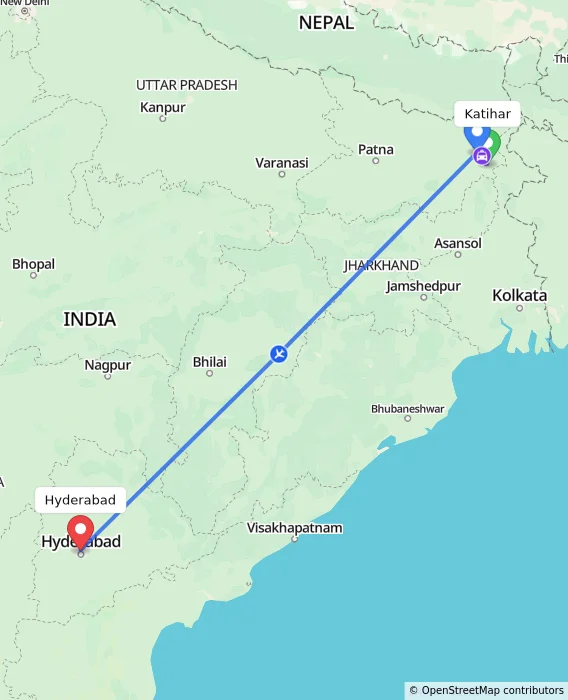 Route map showing distance and travel time from Katihar, India to Hyderabad, India