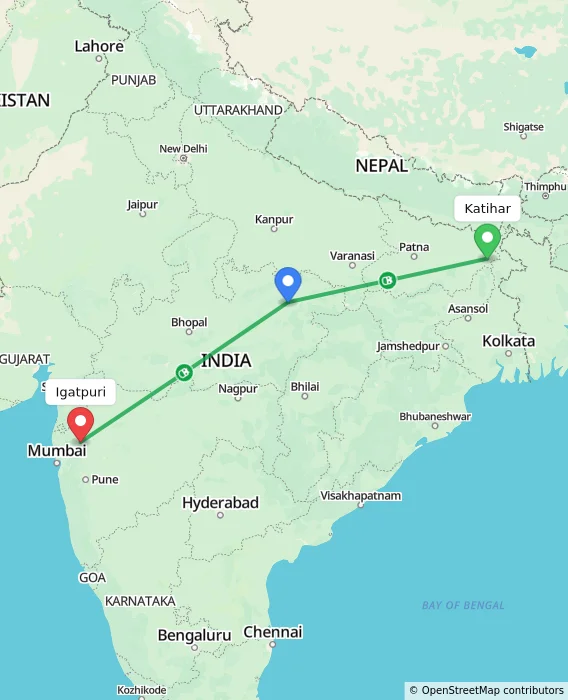 Route map showing distance and travel time from Katihar, India to Igatpuri, India