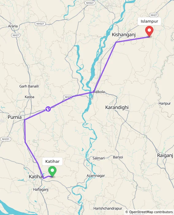 Route map showing distance and travel time from Katihar, India to Islampur, India