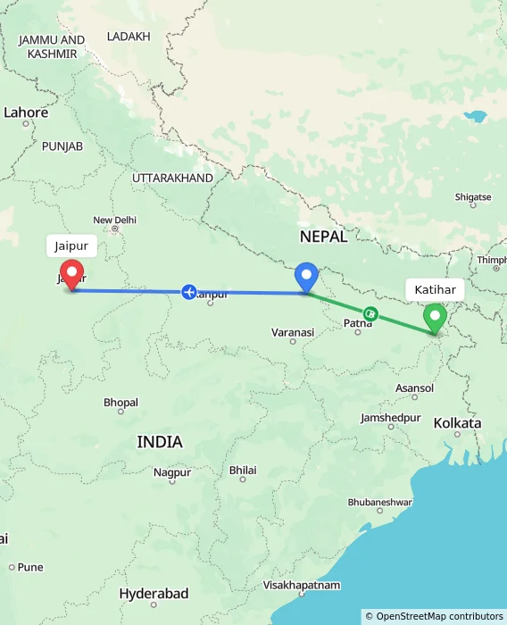 Route map showing distance and travel time from Katihar, India to Jaipur, India