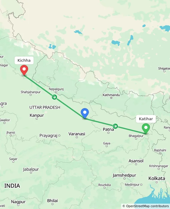 Route map showing distance and travel time from Katihar, India to Kichha, India