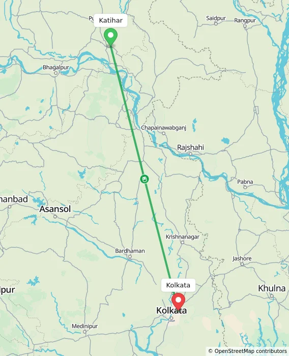 Route map showing distance and travel time from Katihar, India to Kolkata, India