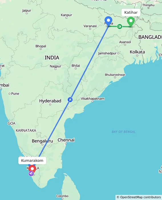 Route map showing distance and travel time from Katihar, India to Kumarakom, India