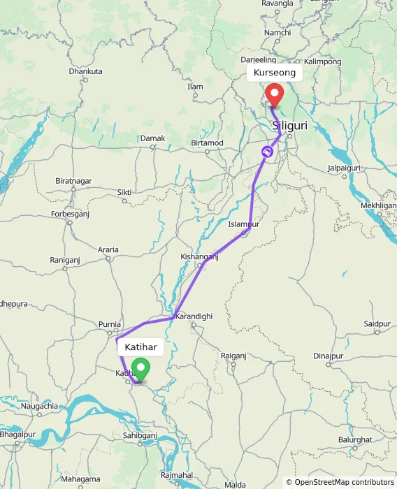Route map showing distance and travel time from Katihar, India to Kurseong, India