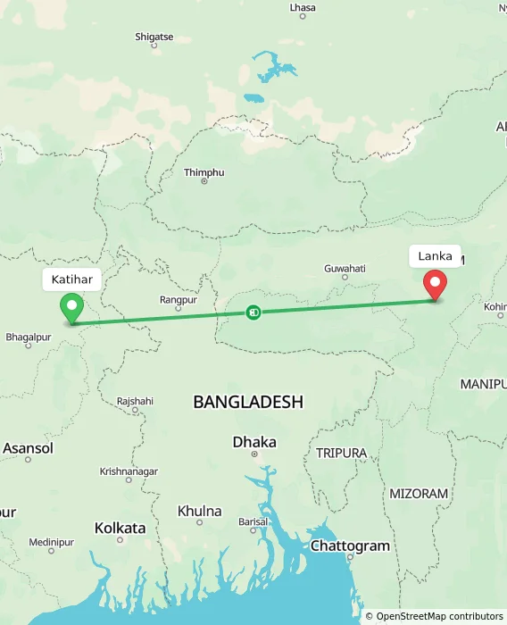 Route map showing distance and travel time from Katihar, India to Lanka, India