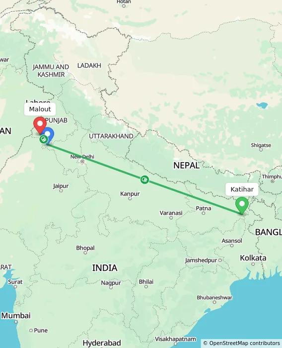 Route map showing distance and travel time from Katihar, India to Malout, India