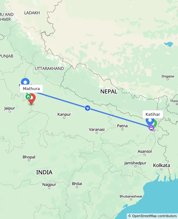 Route map showing distance and travel time from Katihar, India to Mathura, India