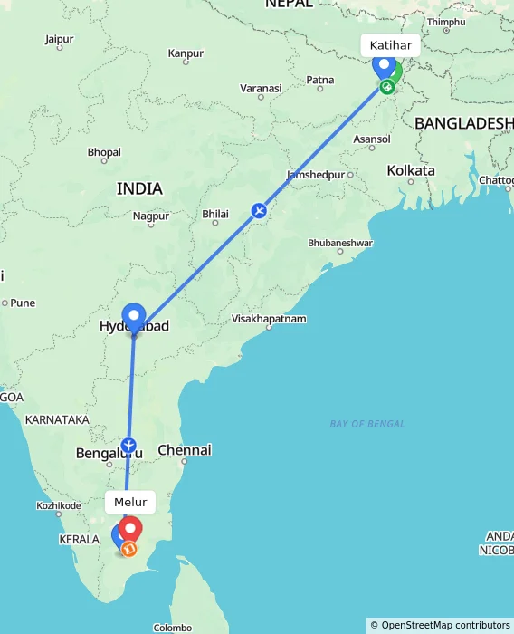Route map showing distance and travel time from Katihar, India to Melur, India