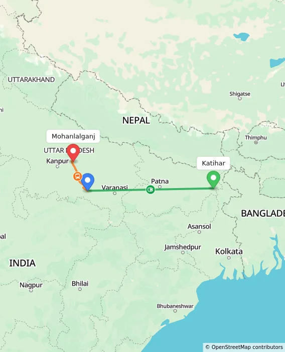 Route map showing distance and travel time from Katihar, India to Mohanlalganj, India
