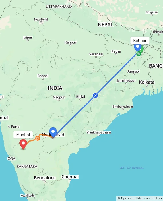 Route map showing distance and travel time from Katihar, India to Mudhol, India