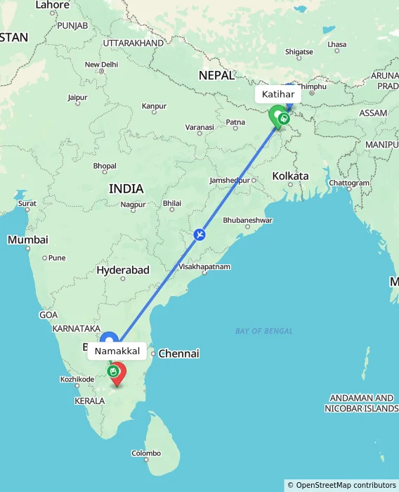Route map showing distance and travel time from Katihar, India to Namakkal, India