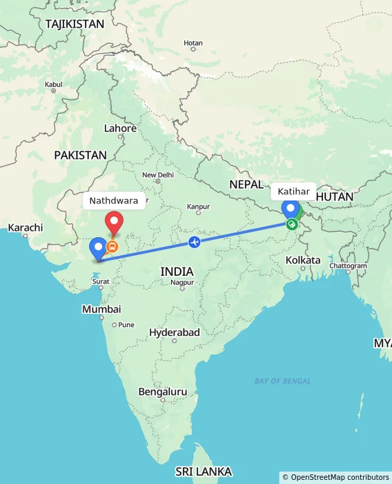 Route map showing distance and travel time from Katihar, India to Nathdwara, India