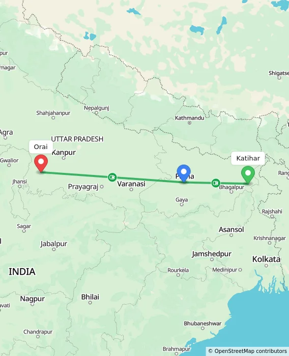 Route map showing distance and travel time from Katihar, India to Orai, India