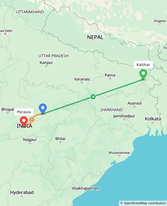 Route map showing distance and travel time from Katihar, India to Parasia, India
