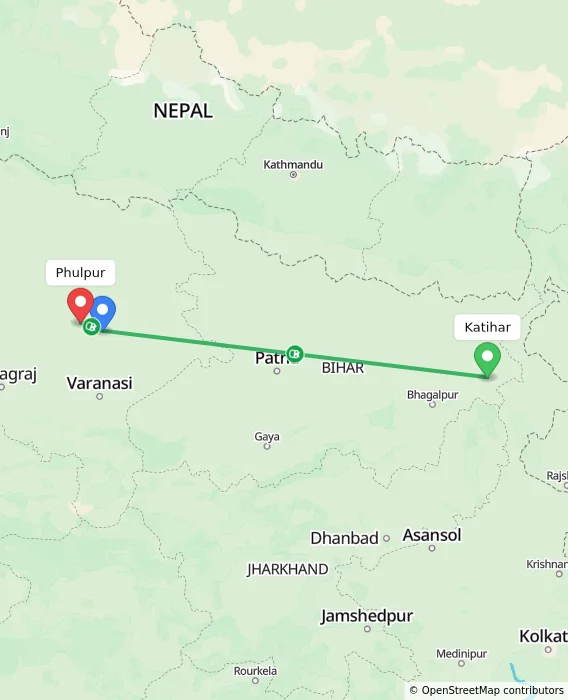 Route map showing distance and travel time from Katihar, India to Phulpur, India