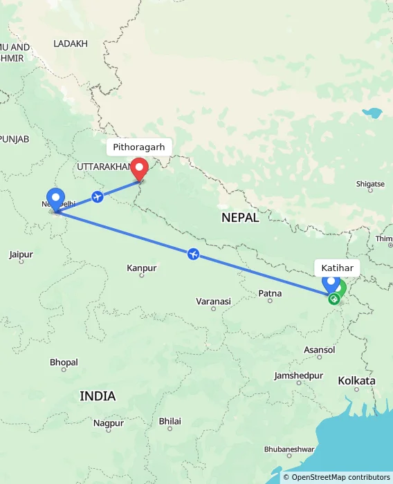 Route map showing distance and travel time from Katihar, India to Pithoragarh, India
