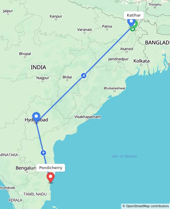 Route map showing distance and travel time from Katihar, India to Pondicherry, India