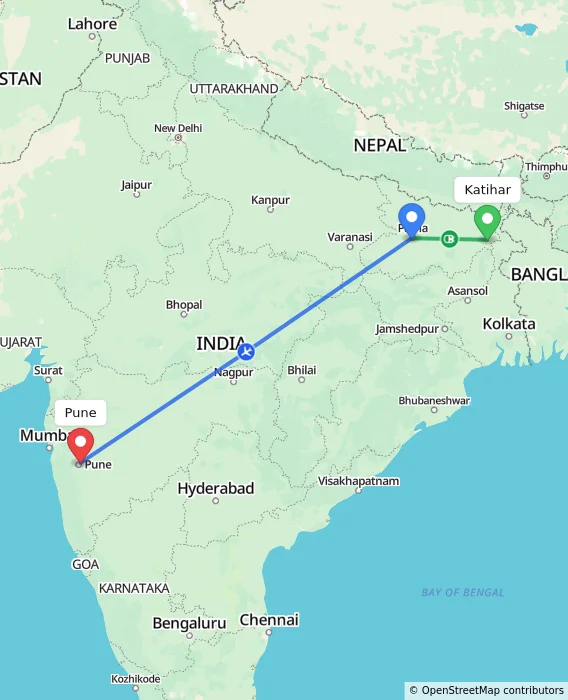 Route map showing distance and travel time from Katihar, India to Pune, India