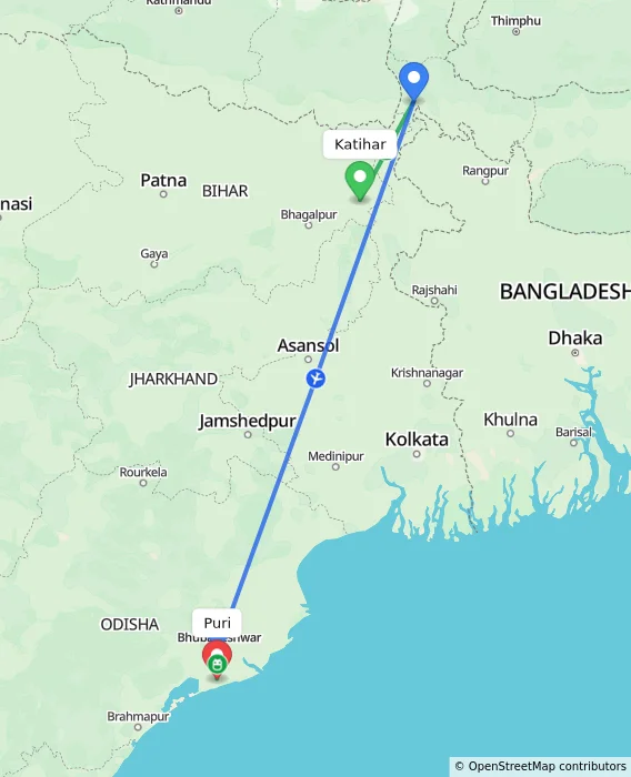 Route map showing distance and travel time from Katihar, India to Puri, India