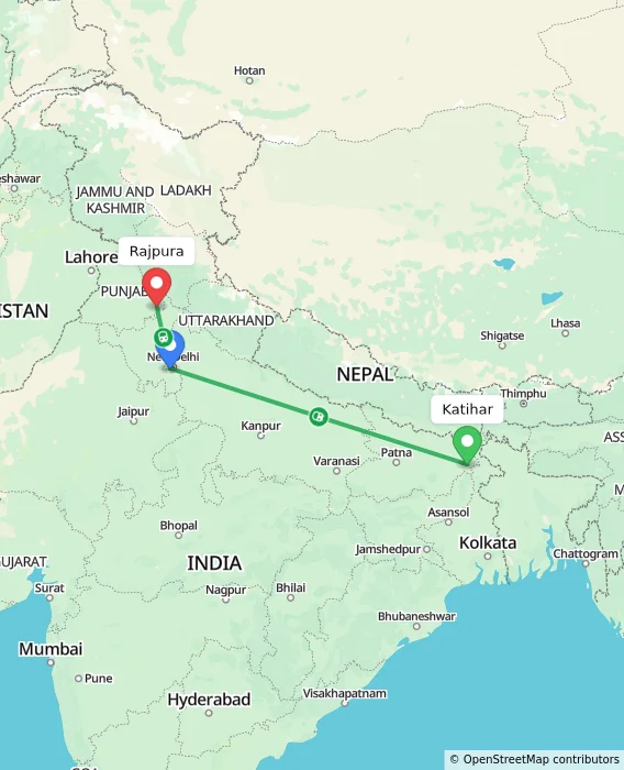 Route map showing distance and travel time from Katihar, India to Rajpura, India