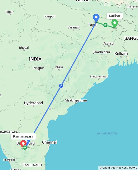Route map showing distance and travel time from Katihar, India to Ramanagara, India