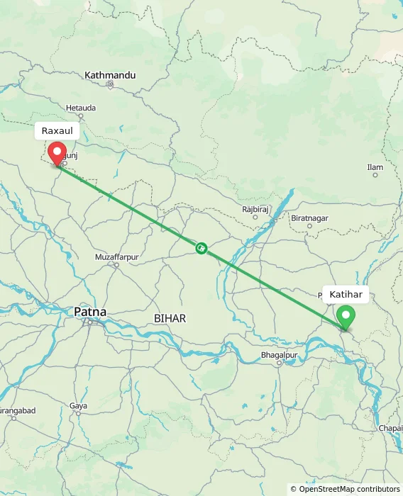 Route map showing distance and travel time from Katihar, India to Raxaul, India