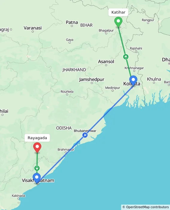 Route map showing distance and travel time from Katihar, India to Rayagada, India