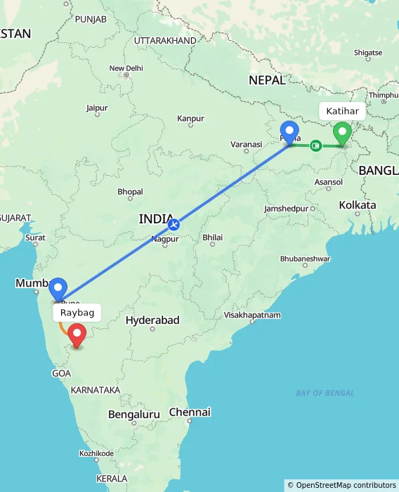 Route map showing distance and travel time from Katihar, India to Raybag, India