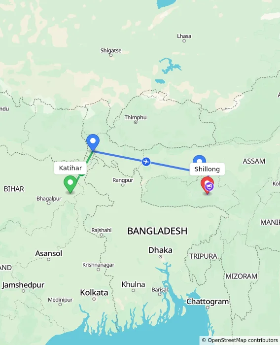 Route map showing distance and travel time from Katihar, India to Shillong, India