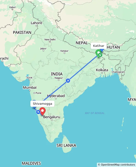 Route map showing distance and travel time from Katihar, India to Shivamogga, India