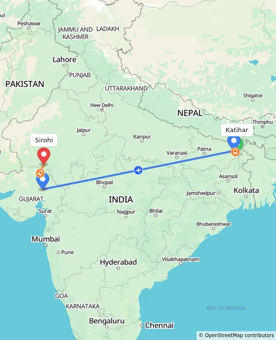 Route map showing distance and travel time from Katihar, India to Sirohi, India
