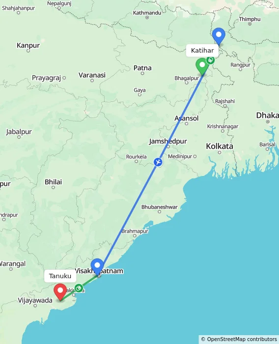 Route map showing distance and travel time from Katihar, India to Tanuku, India